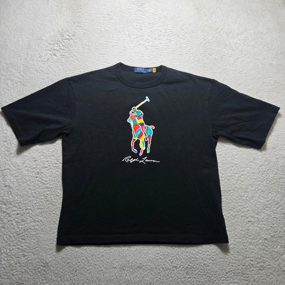 Polo Ralph Lauren T Shirt Mens Medium Black Multi Big Pony Logo Streetwear Tee